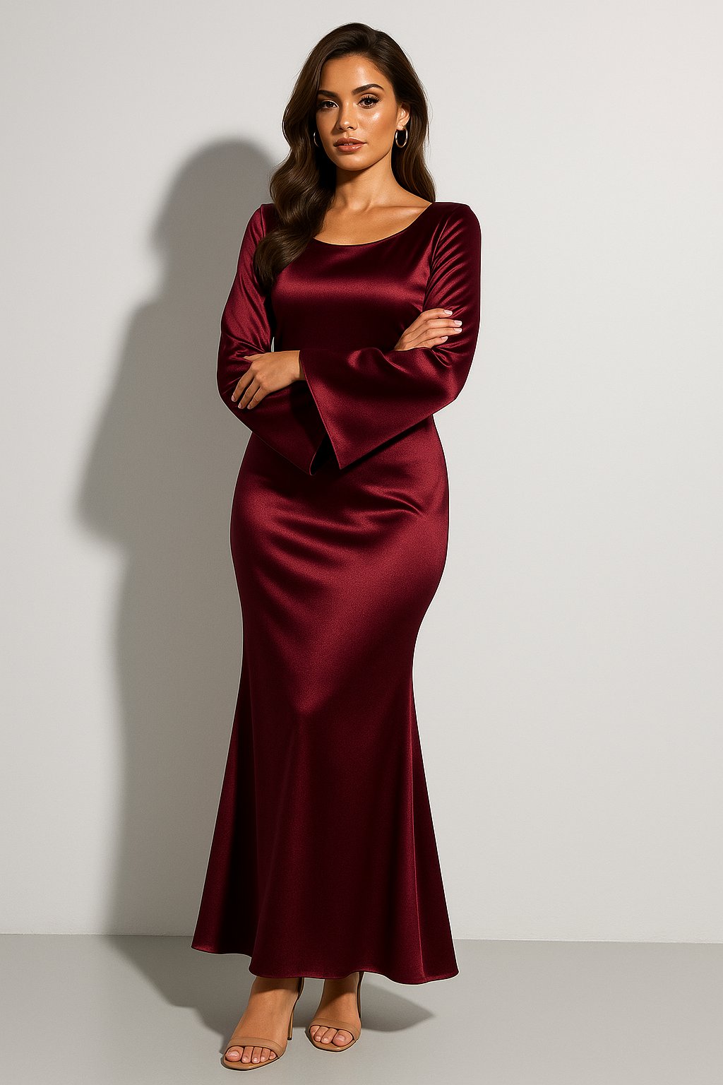 Women's Satin Long Sleeve Scoop Neck Fishtail Maxi Evening Dress - Dark Red