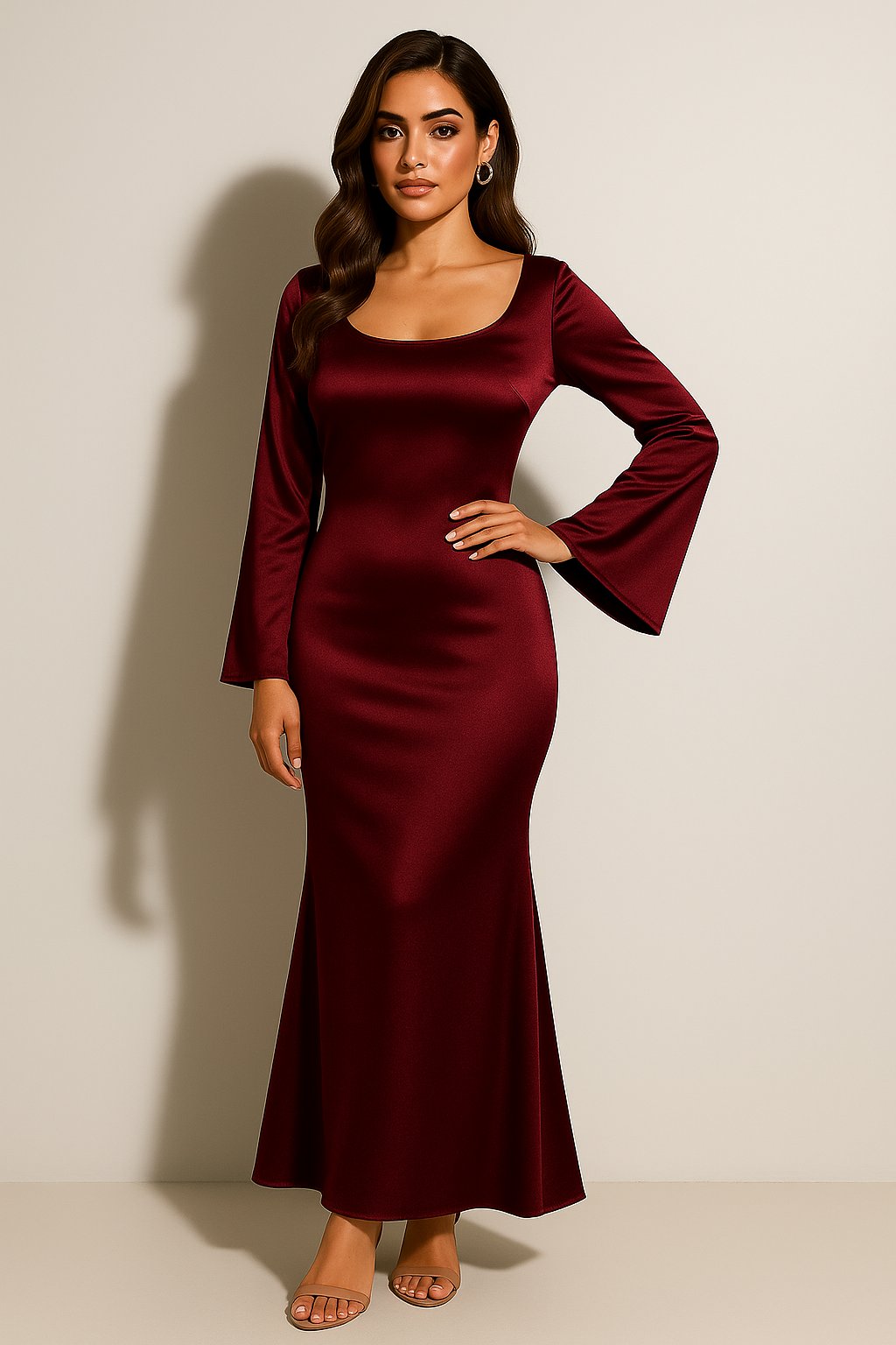 Women's Satin Long Sleeve Scoop Neck Fishtail Maxi Evening Dress