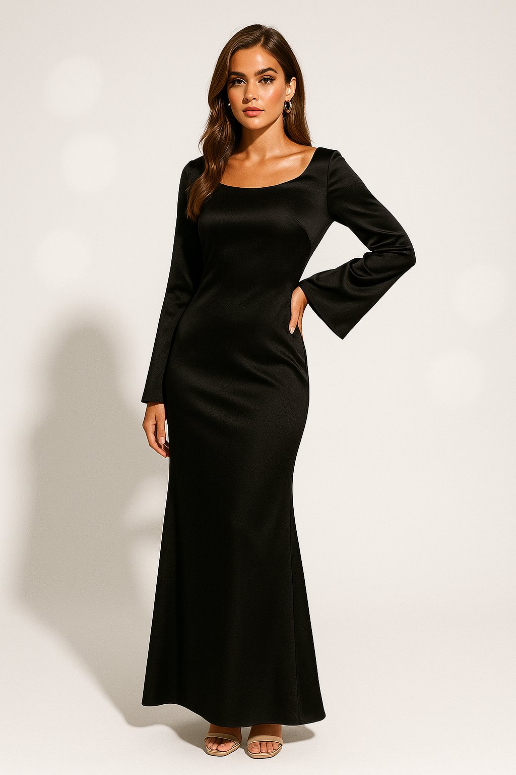 Women's Satin Long Sleeve Scoop Neck Fishtail Maxi Evening Dress - Black