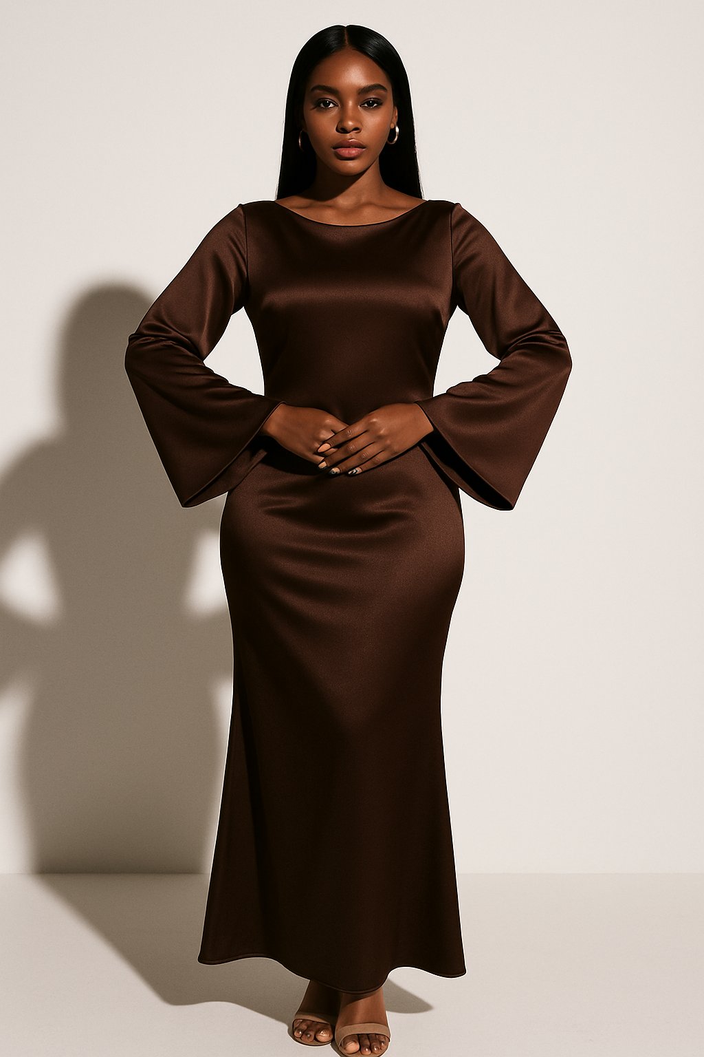 Women's Satin Long Sleeve Scoop Neck Fishtail Maxi Evening Dress - Dark Brown