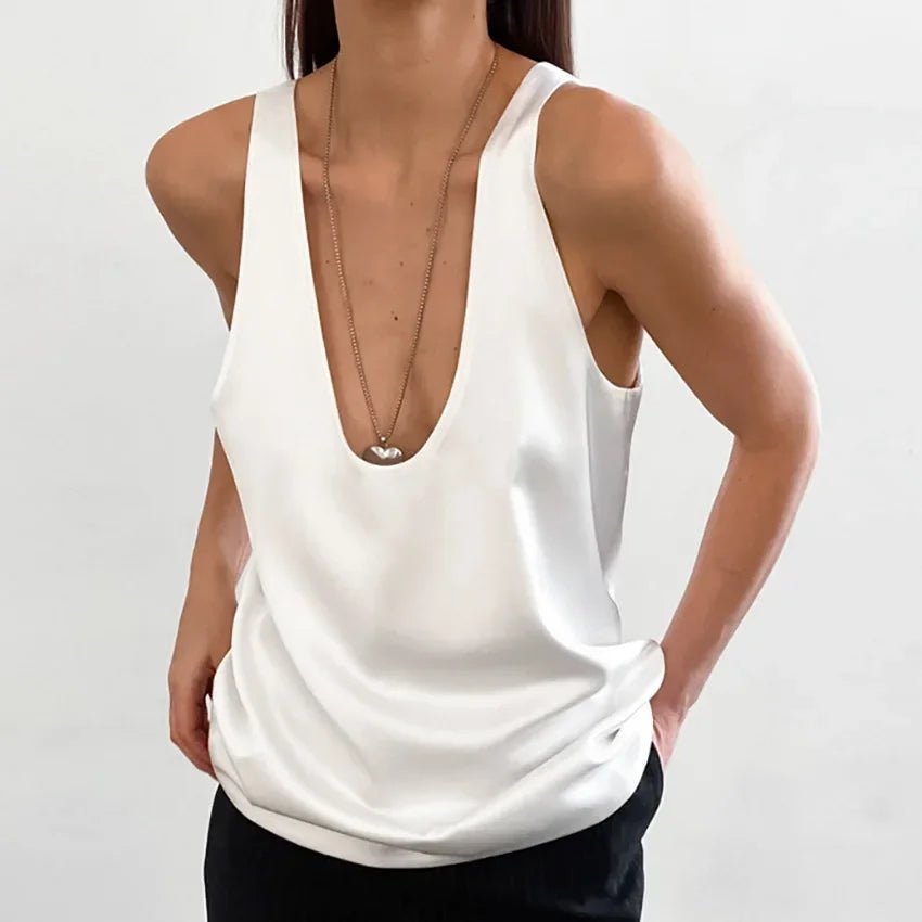 Women's Satin Plunging U-Neck Relaxed-Fit Tank Top - White