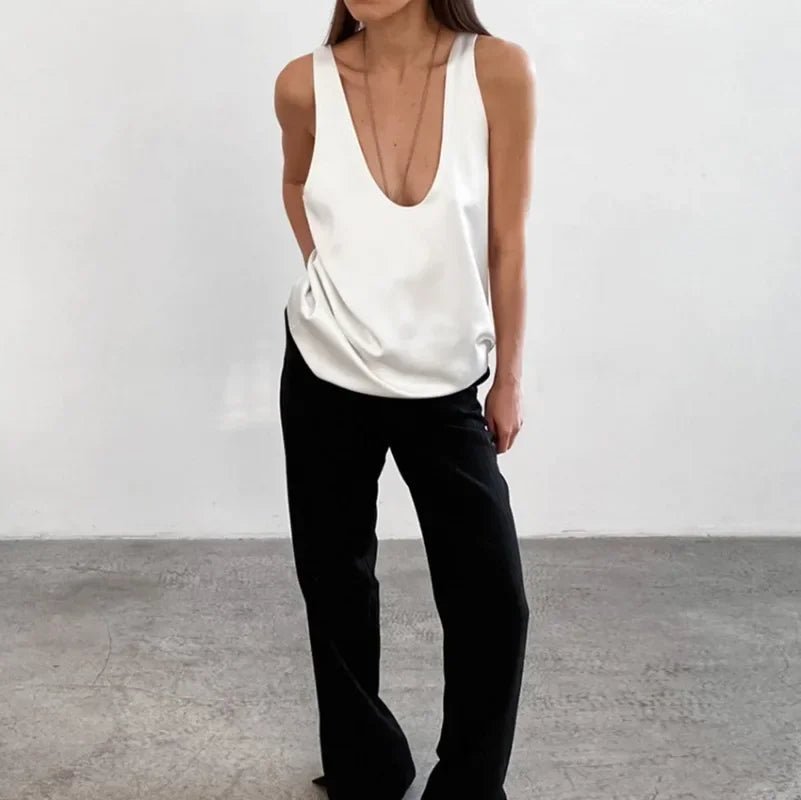 Women's Satin Plunging U-Neck Relaxed-Fit Tank Top
