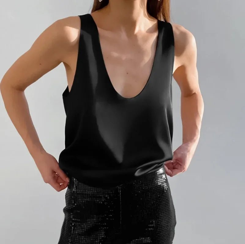 Women's Satin Plunging U-Neck Relaxed-Fit Tank Top