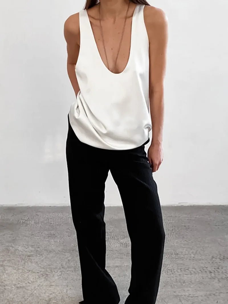 Women's Satin Plunging U-Neck Relaxed-Fit Tank Top