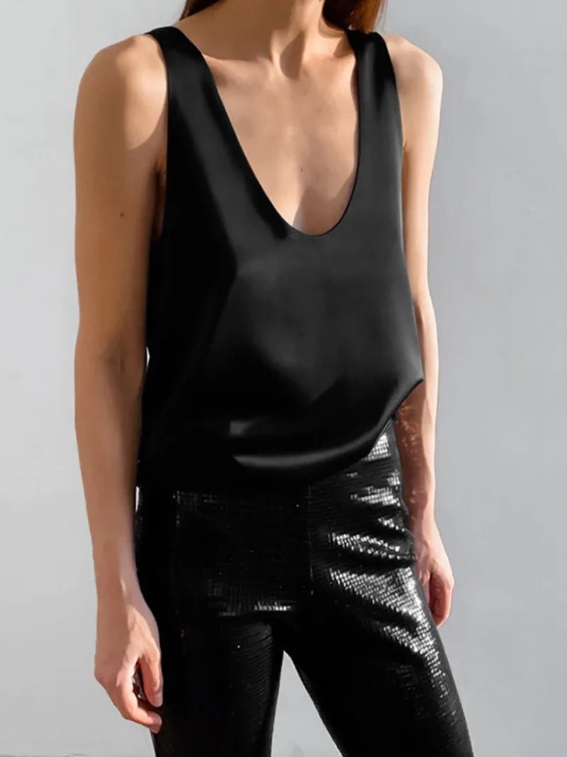 Women's Satin Plunging U-Neck Relaxed-Fit Tank Top