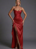 Women's Satin Ruched Spaghetti Strap Maxi Dress High Slit - Red