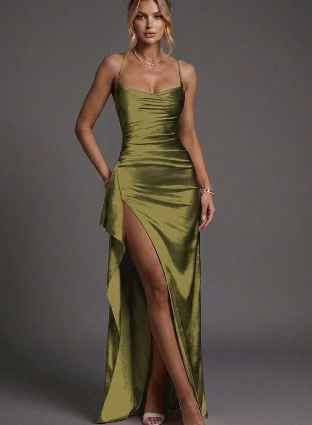 Women's Satin Ruched Spaghetti Strap Maxi Dress High Slit - Olive Green