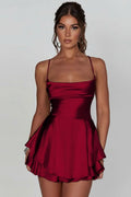 Women's Satin Square-Neck Ruffle-Skirt Mini Cocktail Dress - Brick Red