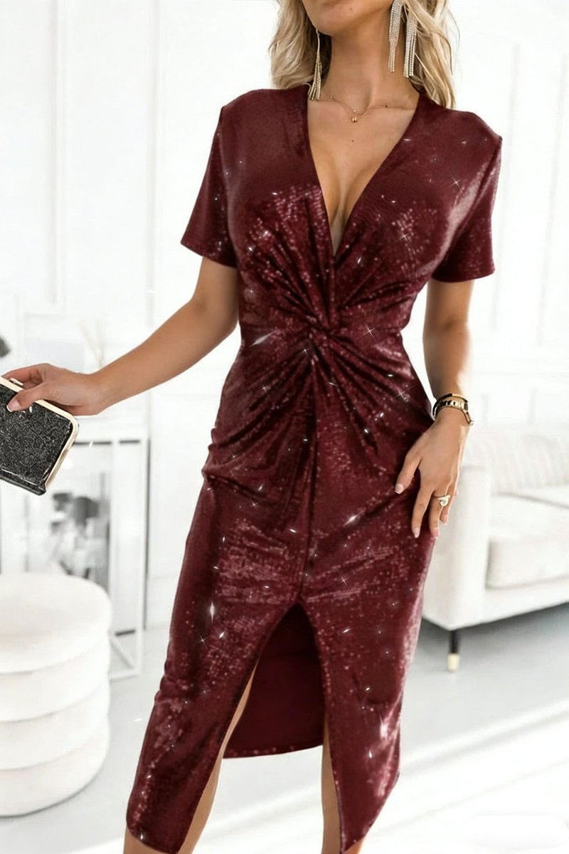 Women's Sequin Deep V-Neck Long Sleeve Slit Cocktail Dress - Bordeaux