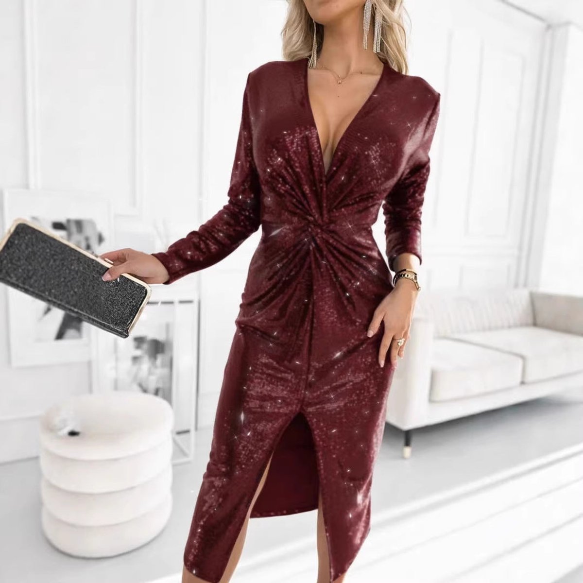 Women's Sequin Deep V-Neck Long Sleeve Slit Cocktail Dress
