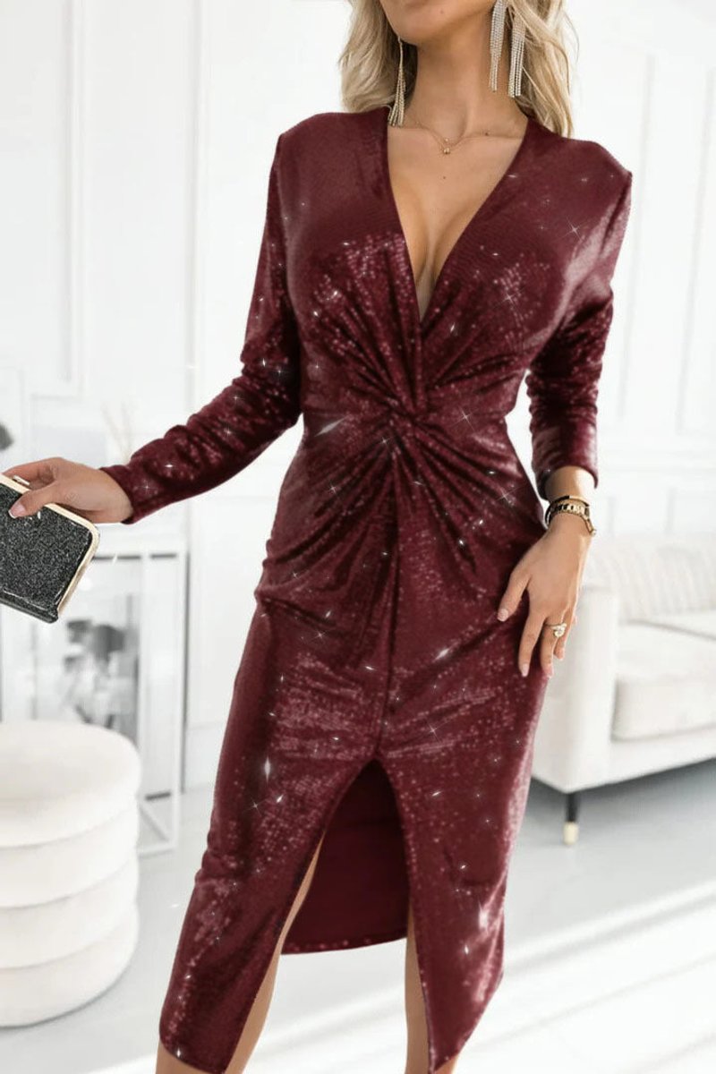 Women's Sequin Deep V-Neck Long Sleeve Slit Cocktail Dress - Red