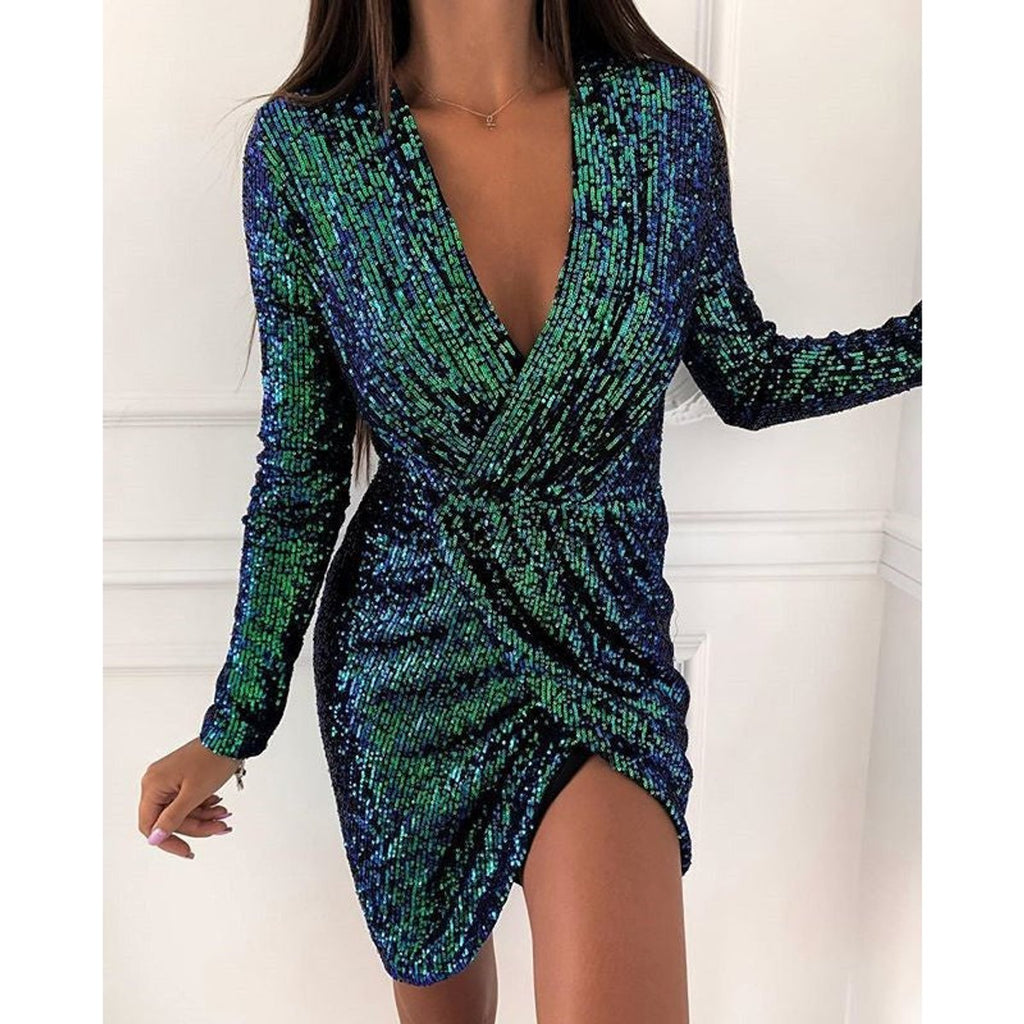 Women's Sequin Deep V-Neck Long Sleeve Wrap Cocktail Dress - Green