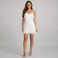 Women's Sequin Feather-Trim V-Neck Spaghetti Strap Cocktail Dress - White