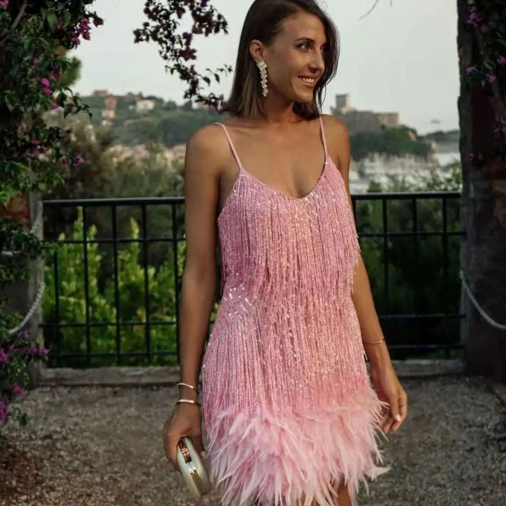 Women's Sequin Fringe Feather Trim Spaghetti Strap Cocktail Dress - Light Pink