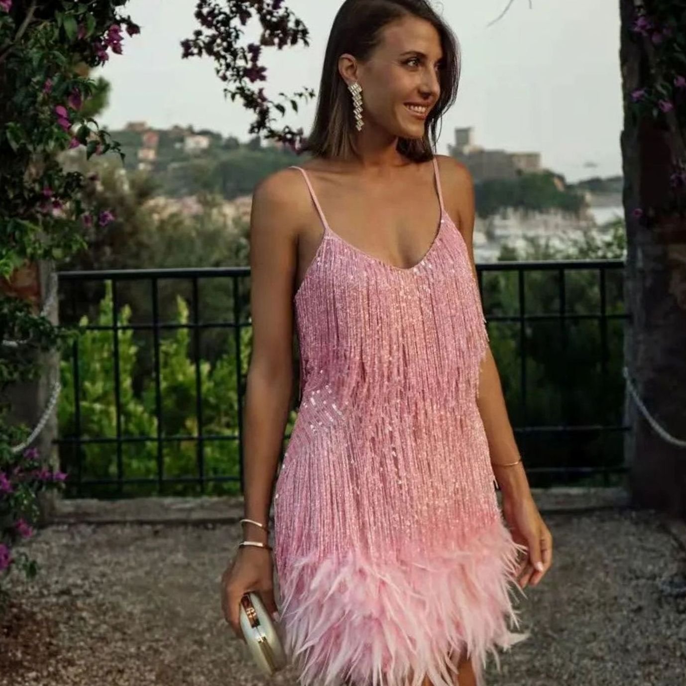 Women's Sequin Fringe Feather Trim Spaghetti Strap Cocktail Dress - Light Pink