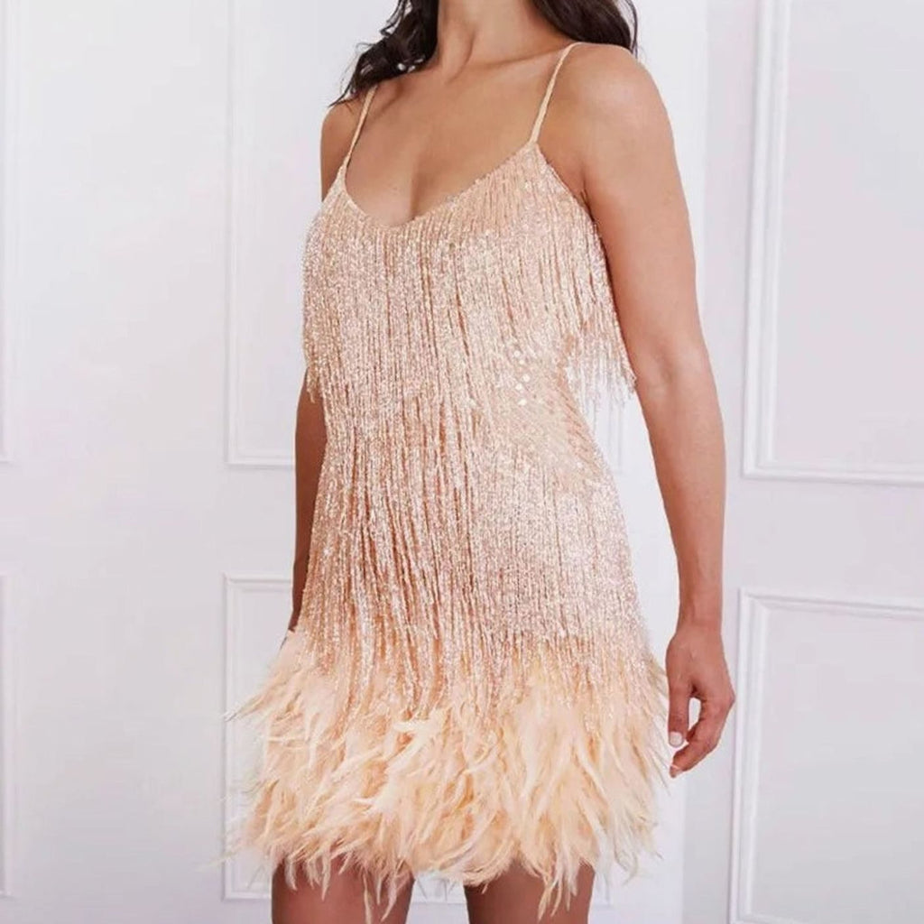 Women's Sequin Fringe Feather Trim Spaghetti Strap Cocktail Dress - Beige