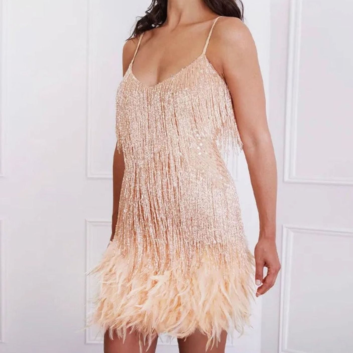Women's Sequin Fringe Feather Trim Spaghetti Strap Cocktail Dress - Beige