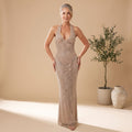 Women's Sequin Halter-Neck Sheer Panel Fitted Maxi Dress