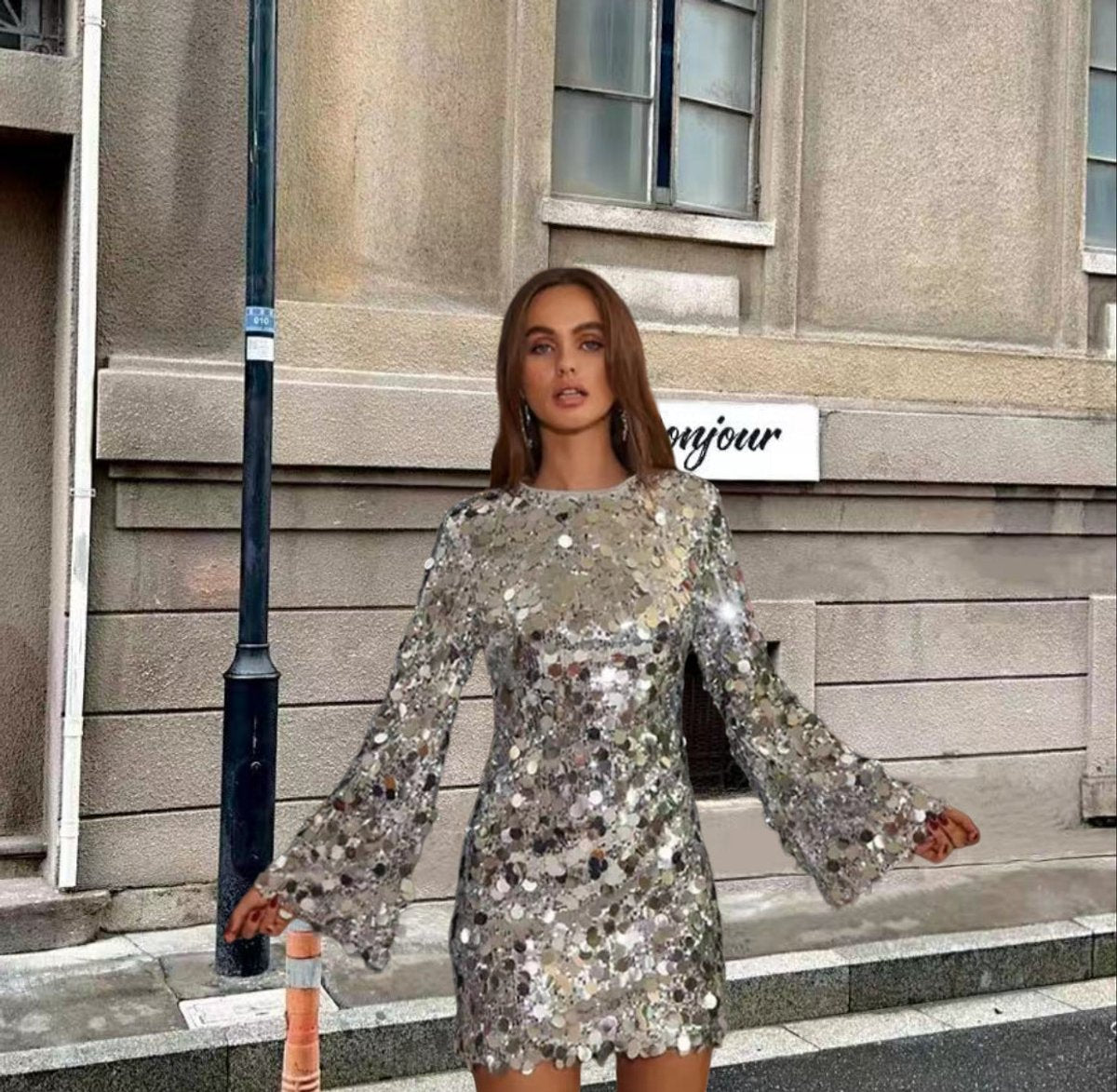 Women's Sequin Long-Sleeve Mini Cocktail Dress - Silver
