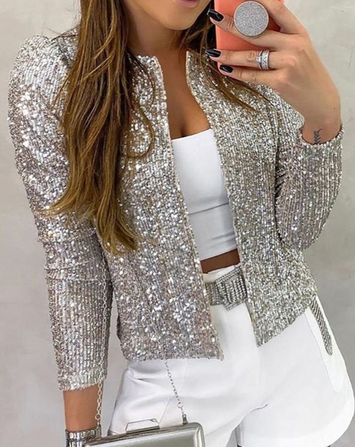 Women's Sequin Open-Front Long-Sleeve Party Jacket - Silver