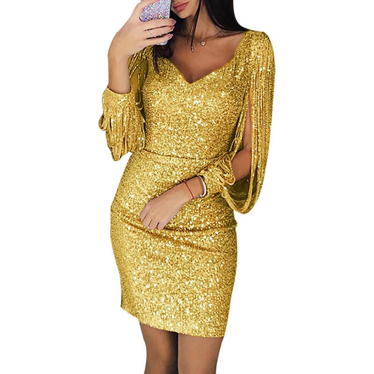 Women's Sequin Tassel-Sleeve V-Neck Bodycon Cocktail Dress - Gold