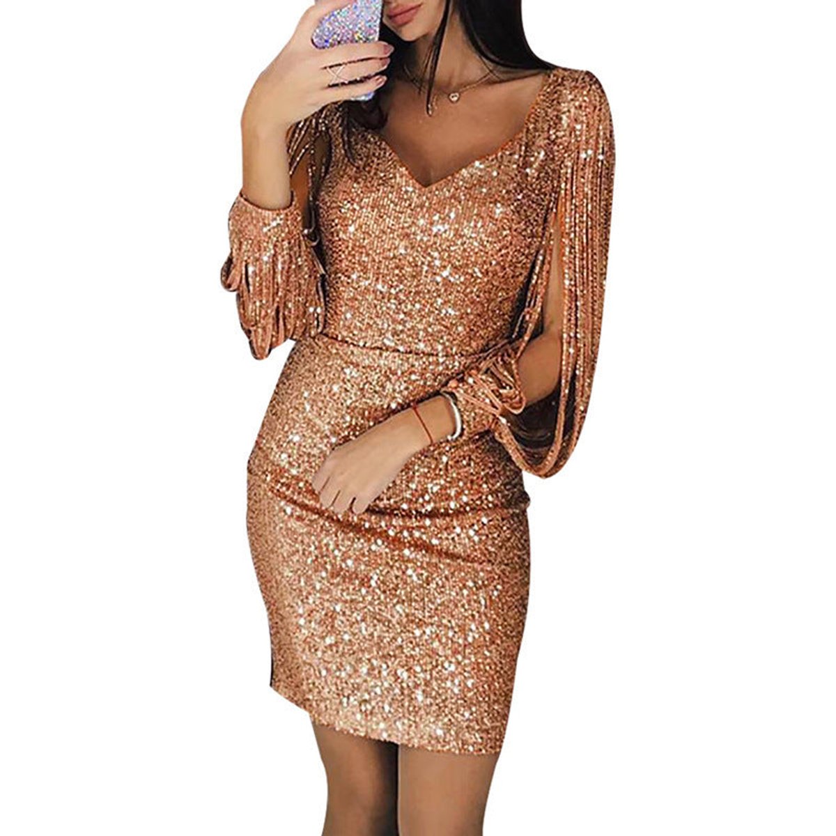 Women's Sequin Tassel-Sleeve V-Neck Bodycon Cocktail Dress
