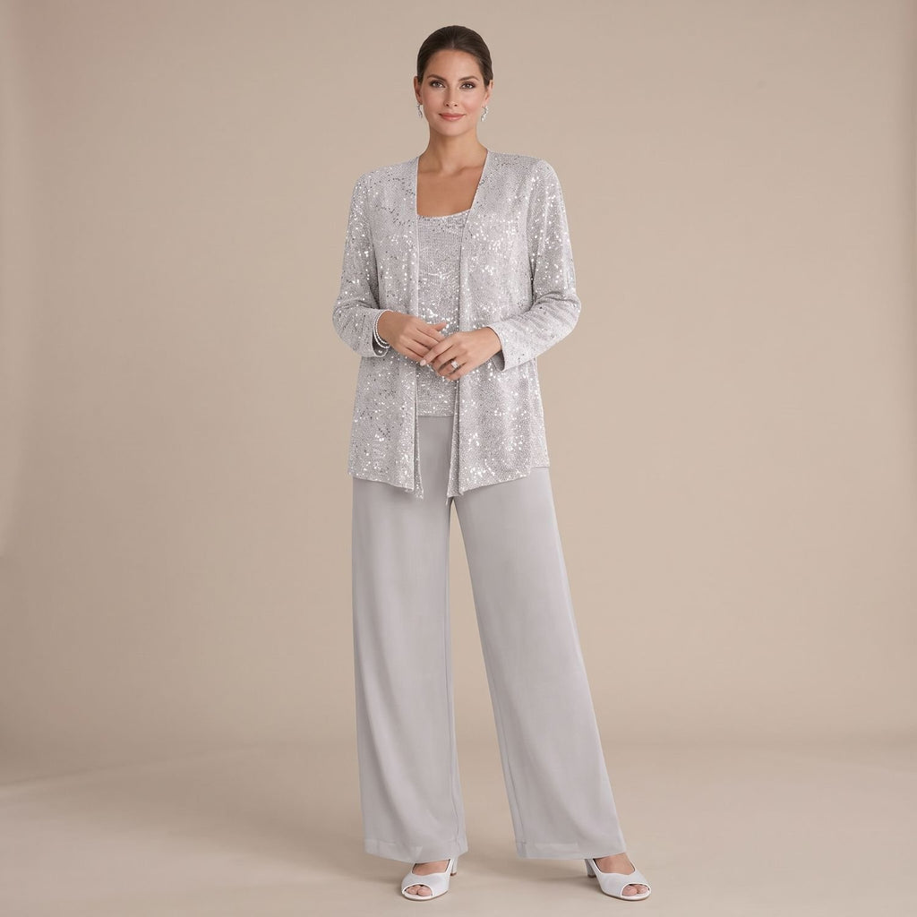 Women's Sequined Three-Piece Wide-Leg Pantsuit - Silver