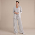 Women's Sequined Three-Piece Wide-Leg Pantsuit - Silver