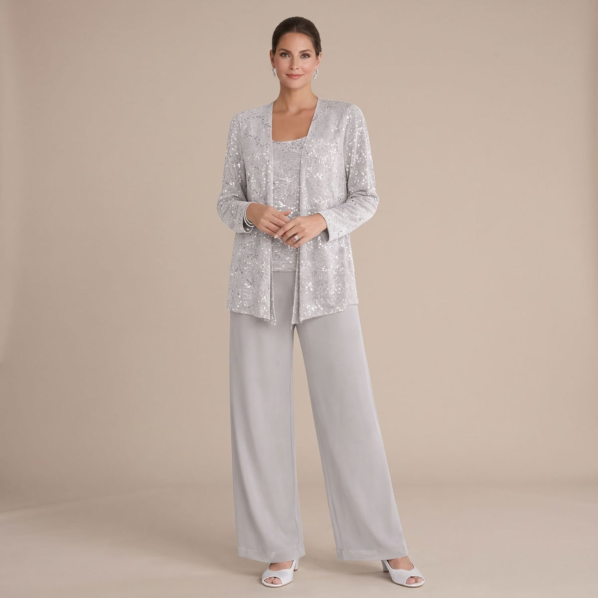Women's Sequined Three-Piece Wide-Leg Pantsuit - Silver
