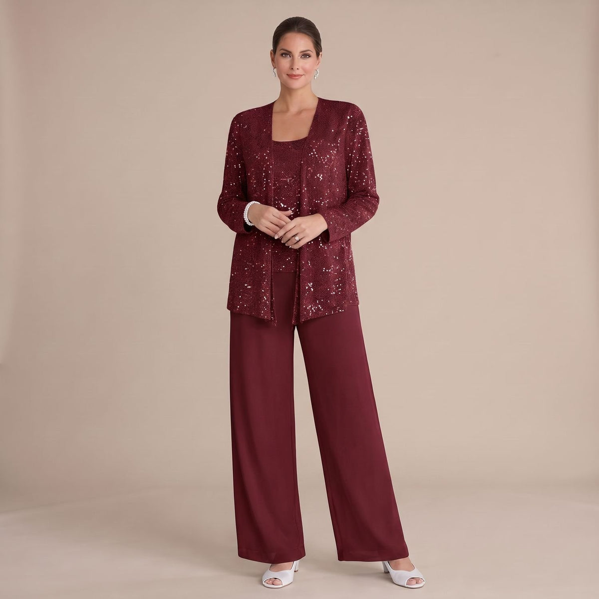 Women's Sequined Three-Piece Wide-Leg Pantsuit - Burgundy