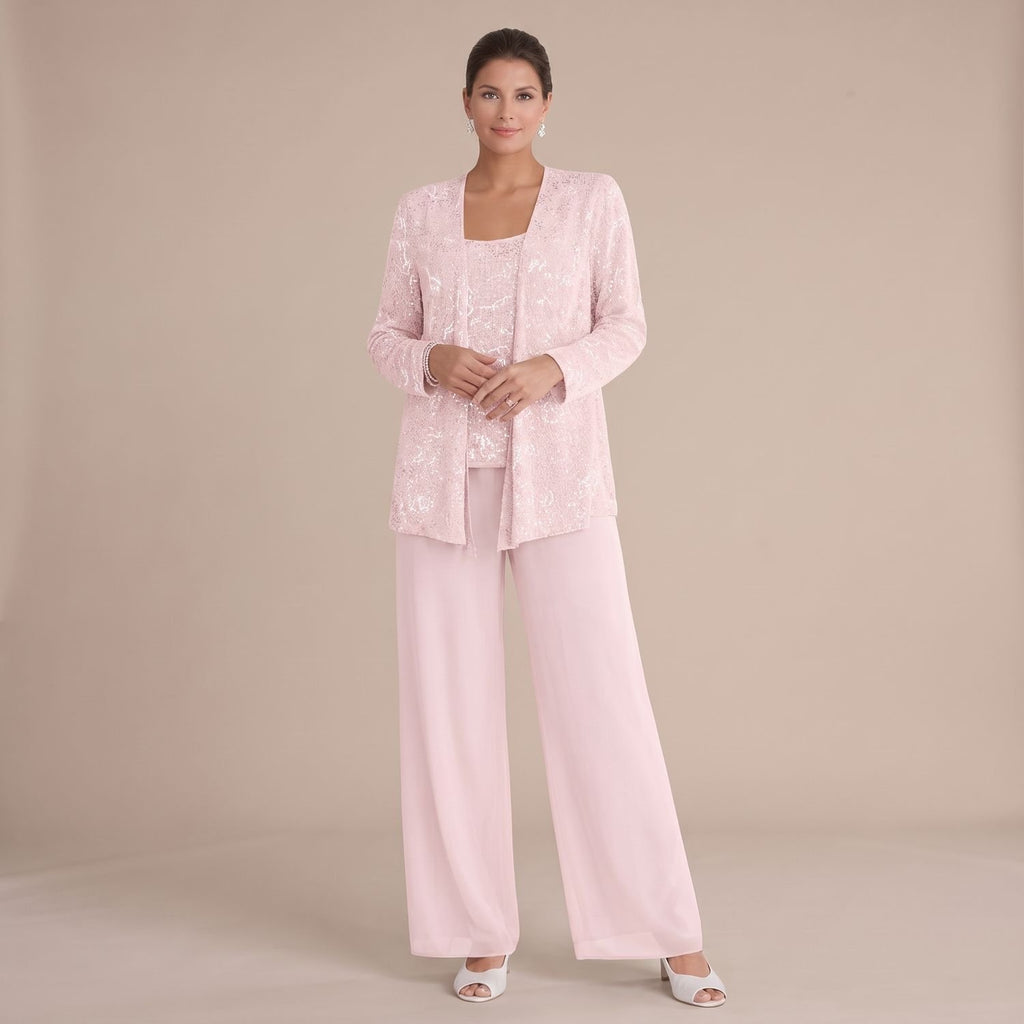 Women's Sequined Three-Piece Wide-Leg Pantsuit - Light Pink