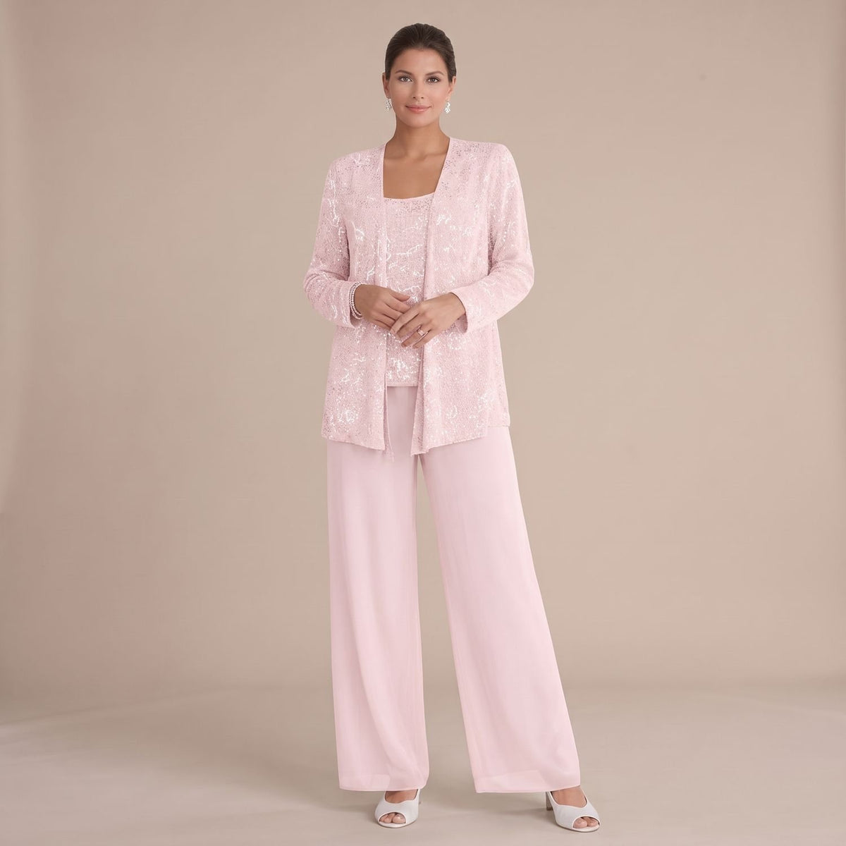 Women's Sequined Three-Piece Wide-Leg Pantsuit - Light Pink