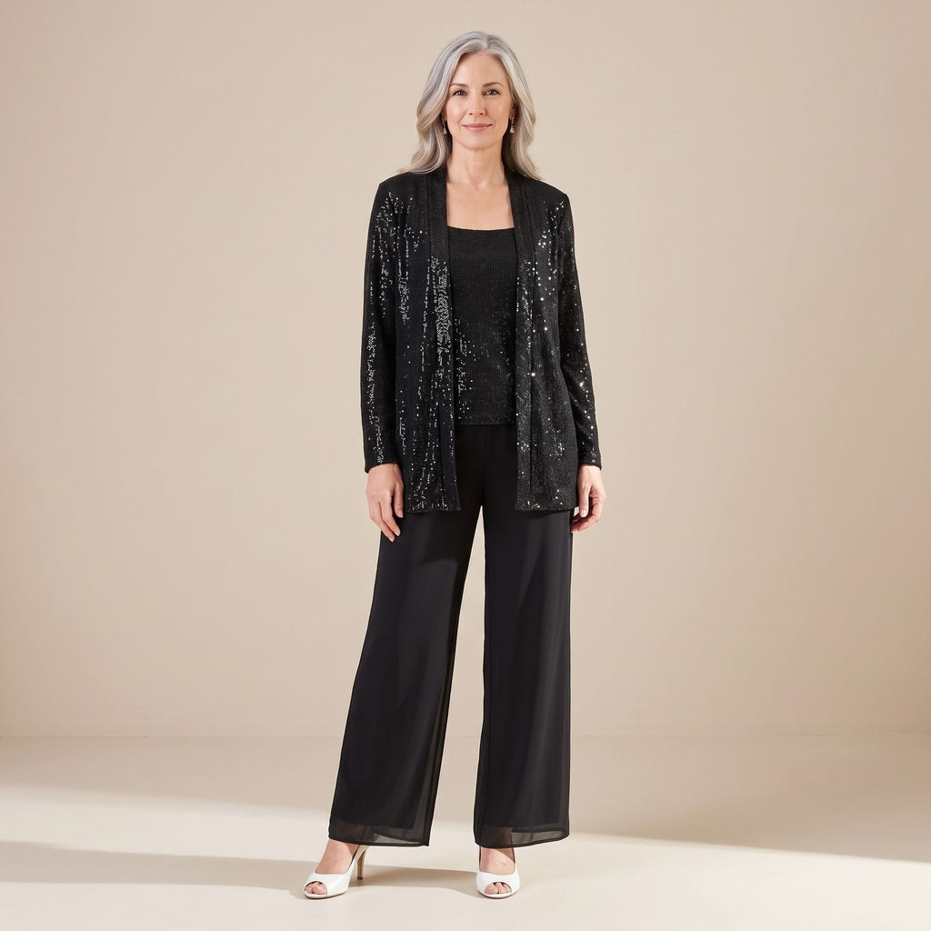Women's Sequined Three-Piece Wide-Leg Pantsuit - Black