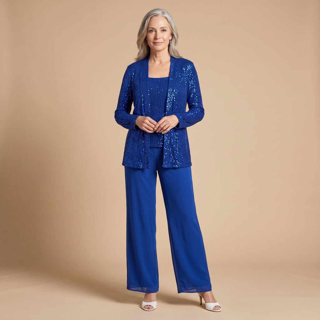 Women's Sequined Three-Piece Wide-Leg Pantsuit - Navy Blue