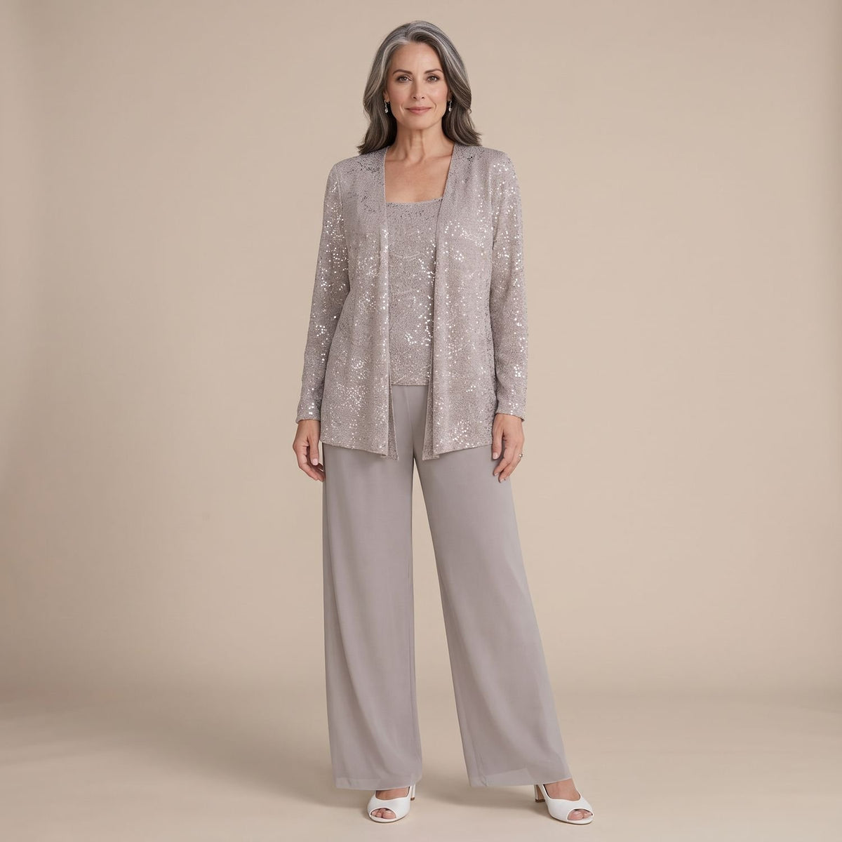 Women's Sequined Three-Piece Wide-Leg Pantsuit - Beige