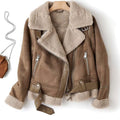 Women's Shearling-Lined Cropped Belted Moto Jacket - Brown