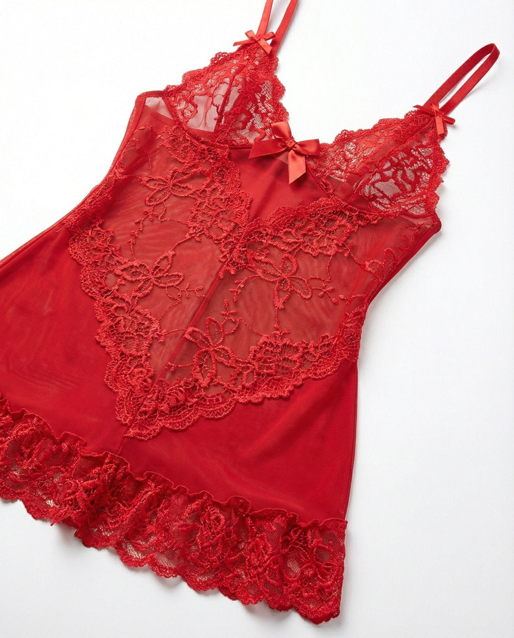 Women's Sheer Mesh Floral Lace Satin-Bow Chemise Slip