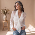 Women's Sheer Wrap Tie-Front Long Sleeve Blouse Camisole Set - White