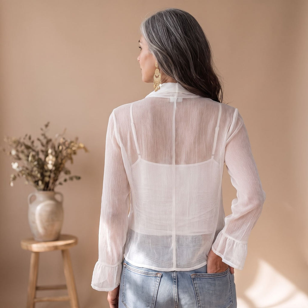 Women's Sheer Wrap Tie-Front Long Sleeve Blouse Camisole Set