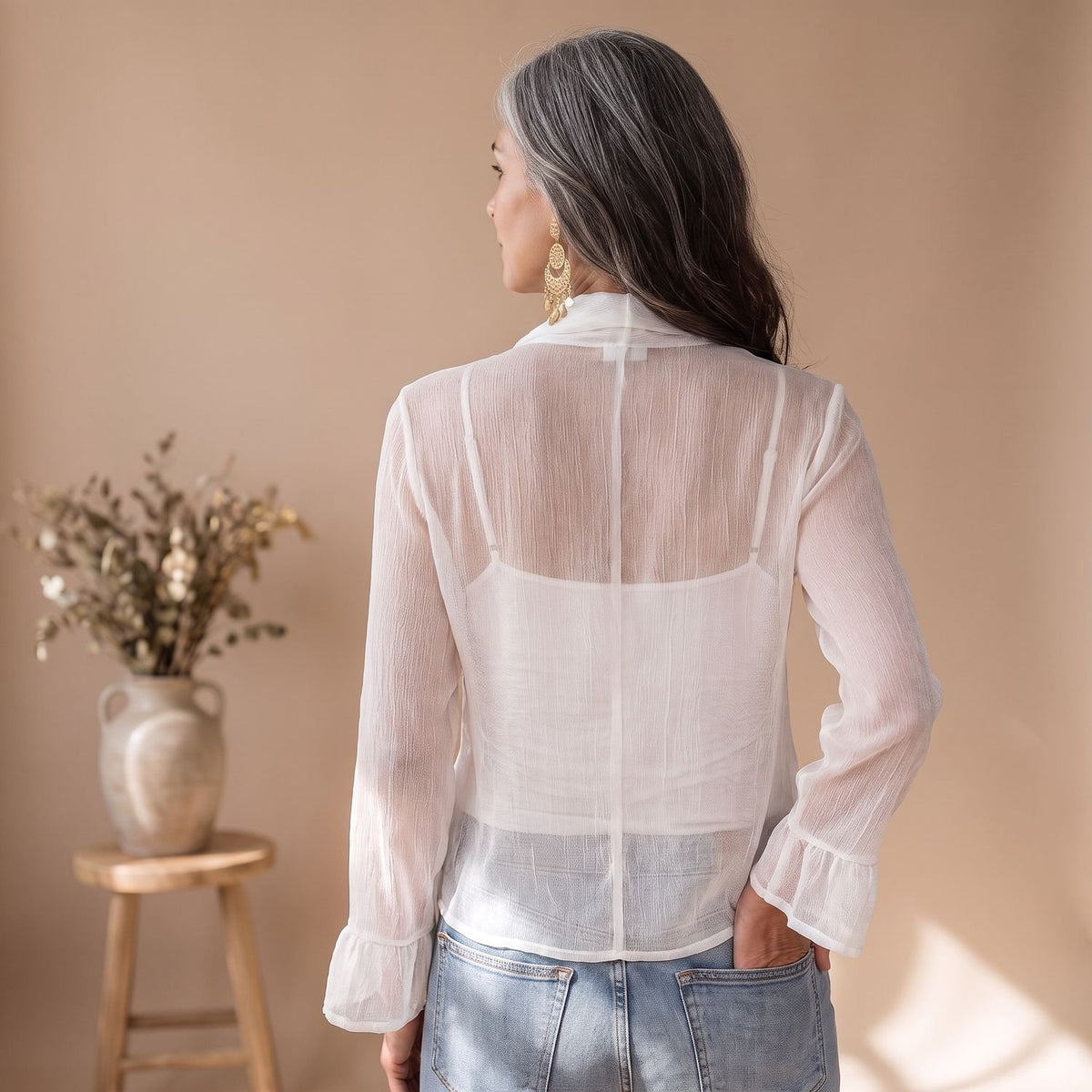 Women's Sheer Wrap Tie-Front Long Sleeve Blouse Camisole Set