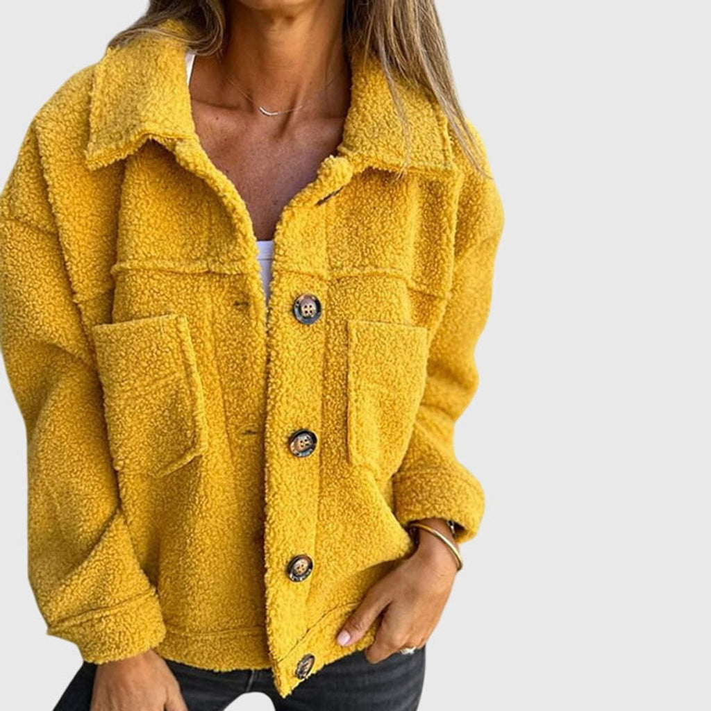 Women's Sherpa Button-Front Fleece Jacket Cozy Lapel Collar - Yellow