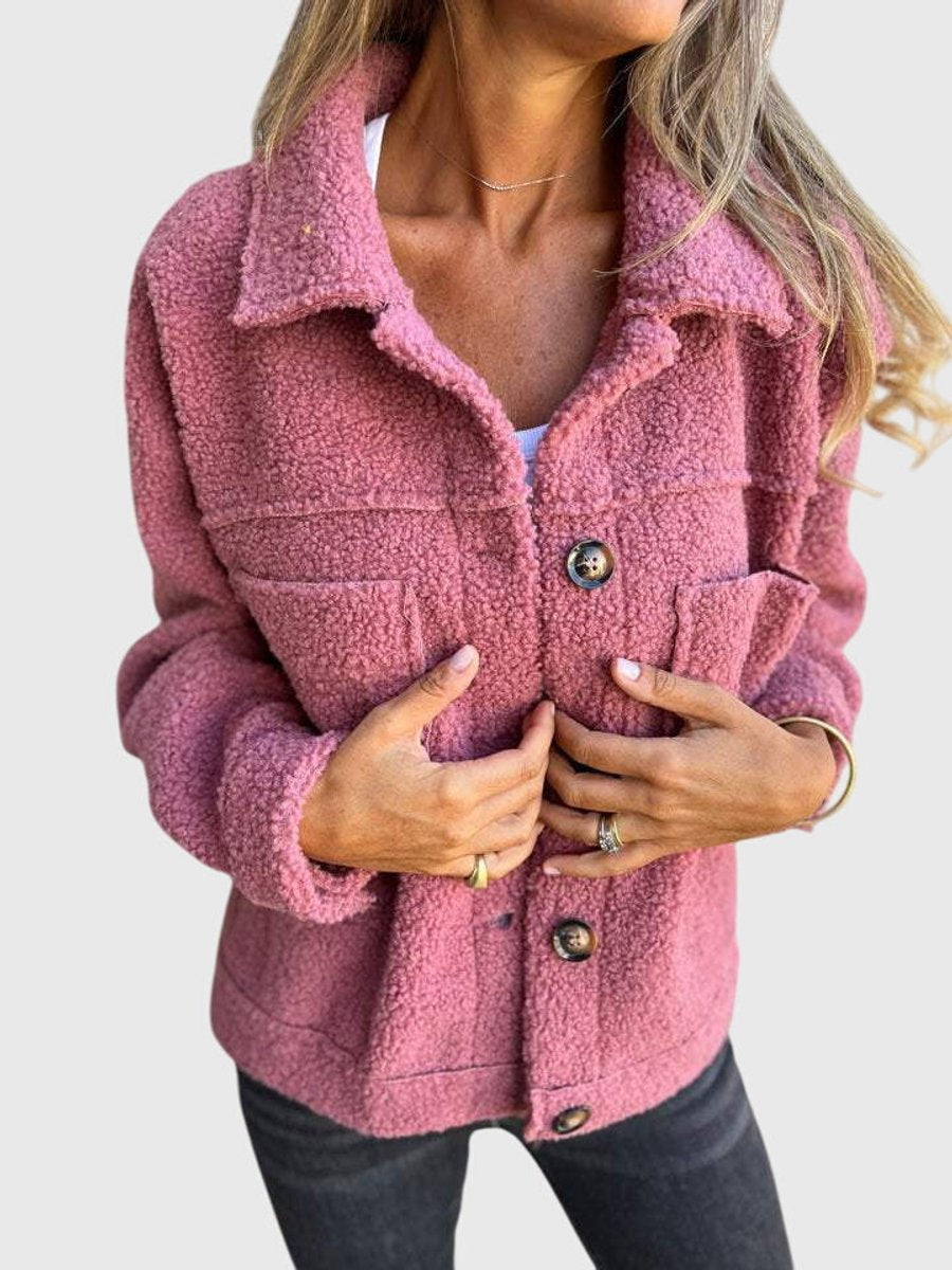Women's Sherpa Button-Front Fleece Jacket Cozy Lapel Collar - Pink