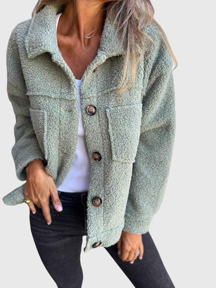 Women's Sherpa Button-Front Fleece Jacket Cozy Lapel Collar - Green