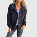 Women's Sherpa Button-Front Fleece Jacket Cozy Lapel Collar - Black