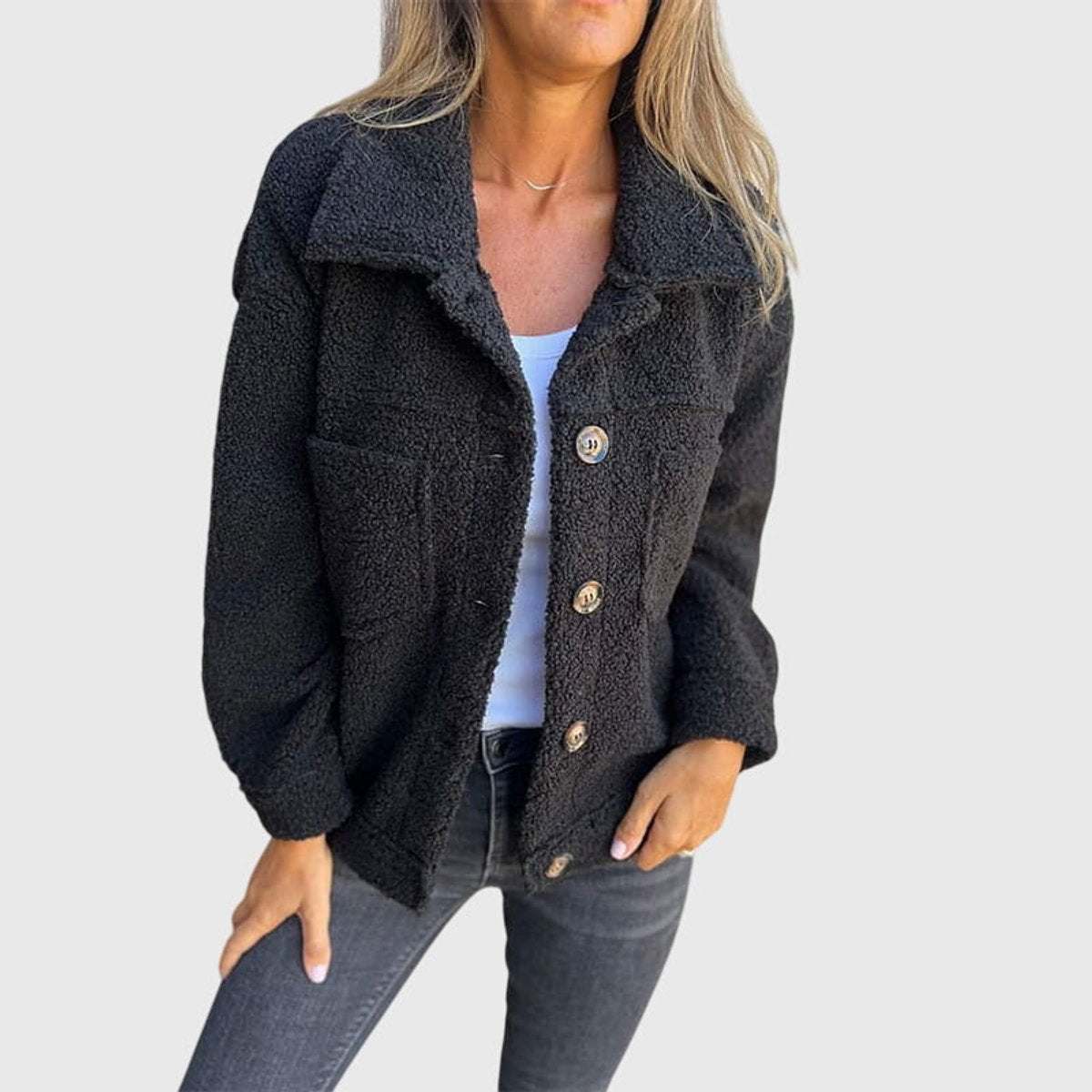 Women's Sherpa Button-Front Fleece Jacket Cozy Lapel Collar - Black