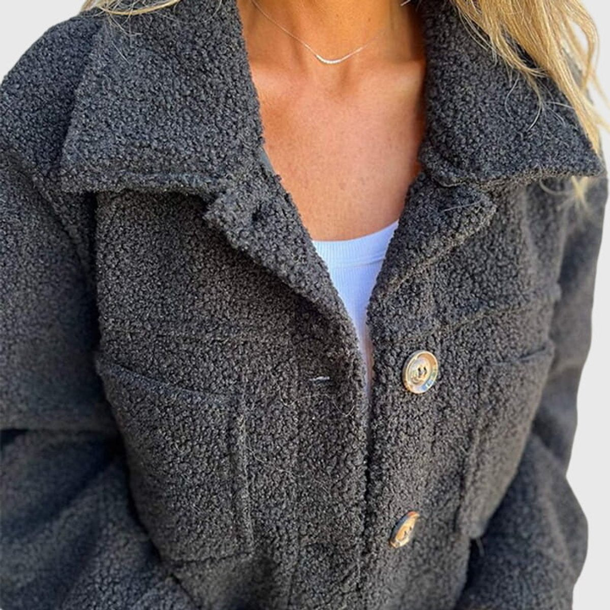Women's Sherpa Button-Front Fleece Jacket Cozy Lapel Collar