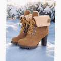 Women's Sherpa-Cuffed Lace-Up Heeled Winter Snow Boots - Tan