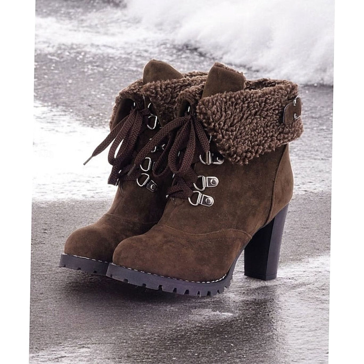 Women's Sherpa-Cuffed Lace-Up Heeled Winter Snow Boots - Dark Brown