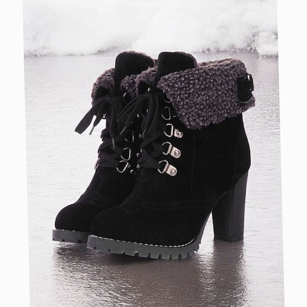 Women's Sherpa-Cuffed Lace-Up Heeled Winter Snow Boots - Black