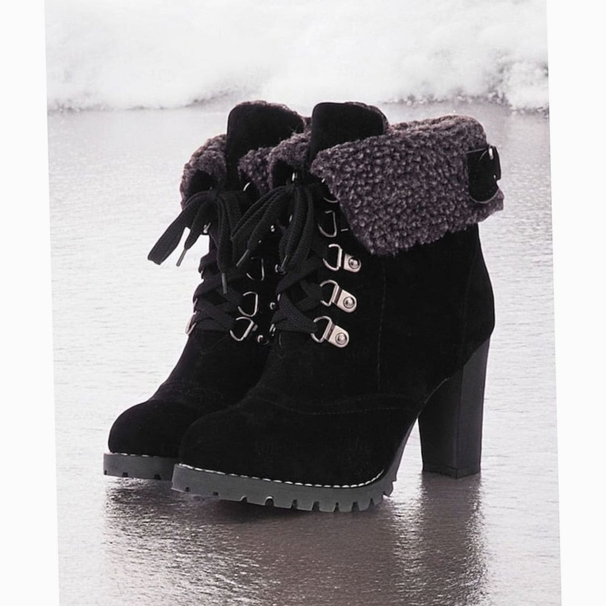 Women's Sherpa-Cuffed Lace-Up Heeled Winter Snow Boots - Black